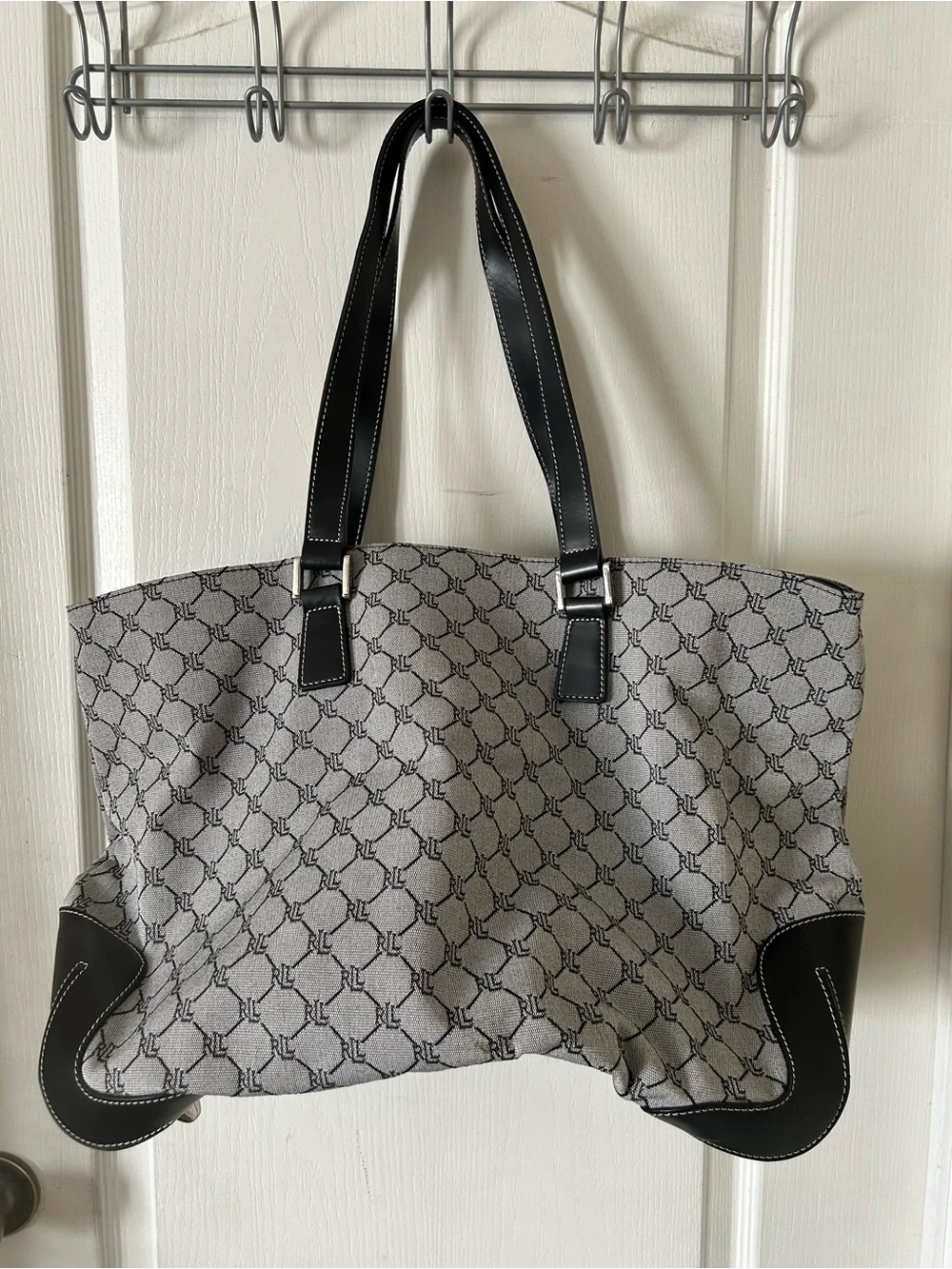 Ralph Lauren Black and Cream Monogram Shoulder Tote